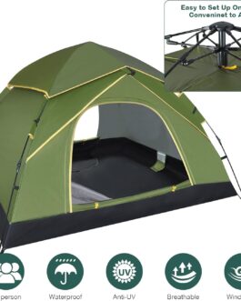 Jaztral Camping Tent 3-4 People, Automatic Pop Up Dome Tent with Double Doors, Waterproof & Windproof, 3-4 Season Tent Outdoor Tent for Family, Trekking and Camping
