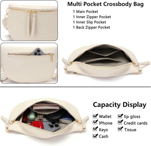 Vezluax 30 x 20 cm Large Bum Bag Women's Vegan Leather Shoulder Bag Women's Crossbody Bag Stylish Belt Bag with Wide Strap, L-beige, Utility – Bild 3