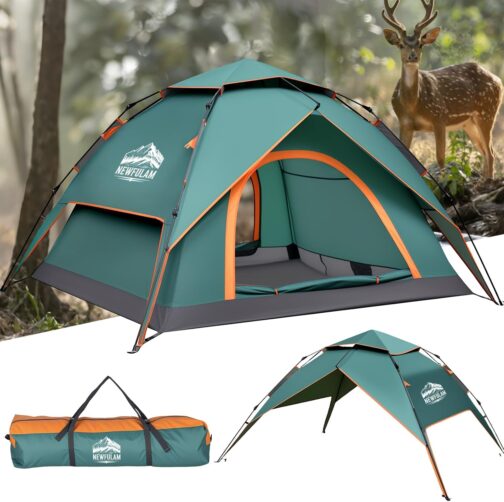 Newfulam Camping Tent 3-4 People, 60S Car Pop Up Tent, Waterproof Dome Tents, Pop Up Tent, Quick Assembly with 2 Mesh Doors, UV, Windproof for Camping, Outdoor, Trekking