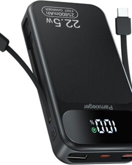 Power Bank 25,800 mAh, 22.5 W PD3.0 QC4.0 External Mobile Phone Battery Fast Charging LCD Display Power Bank with USB-C Cable USB C Outputs & Inputs Portable Charger for Smartphone Tablets and More