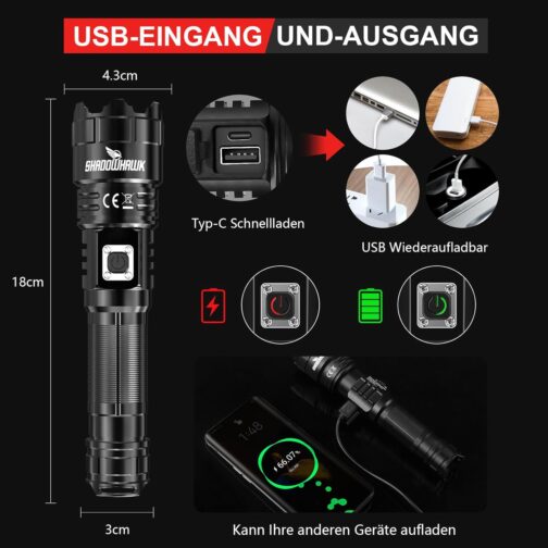 Shadowhawk LED Torch Rechargeable, Extremely Bright 500,000 Lumen Torches, Battery Operated USB, XHP70.2 Tactical Torch, IP67 Waterproof, 5 Light Modes, Zoomable for Camping, Hiking, Emergencies – Bild 4