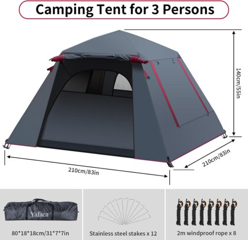 Yafaca Camping Tent, 3 Person Pop Up Tent, Large Waterproof Automatic Pop-Up Tent with 2 Rainproof Windows, 2 Layers Dome Tent with Removable Outer Layer, Tent for Camping Families – Bild 6