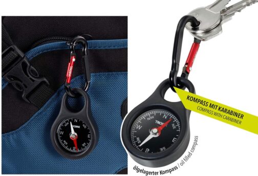 TROIKA Wegweiser - NG-COS10/BK - Keyring with Compass - Navigate, Coordinate, Sky Direction - Carabiner Hook - PVC/Acrylic/ABS/Aluminium - Troika Original, Yellow / Black, Keyring – Bild 5