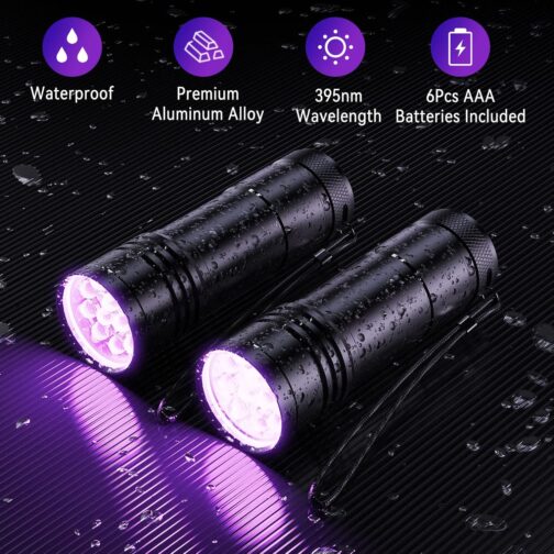 UV Torch Pack of 2 Mini UV Black Light Torch with 12 LEDs, Ultraviolet Light with 395 nm for Geocaching, Pet Urine Detectors, Pets Urine Detector etc. Includes 6 AAA Batteries – Bild 3