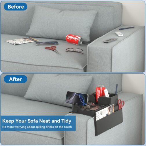 CLESOO Sofa Tray Armrest with Drink Holder, Non-Slip Sofa Tray with Two Side Pockets and Phone Holder, Silicone Anti-Spill Couch Organiser for Cup, Phone, Tablet, Snack, Black – Bild 7