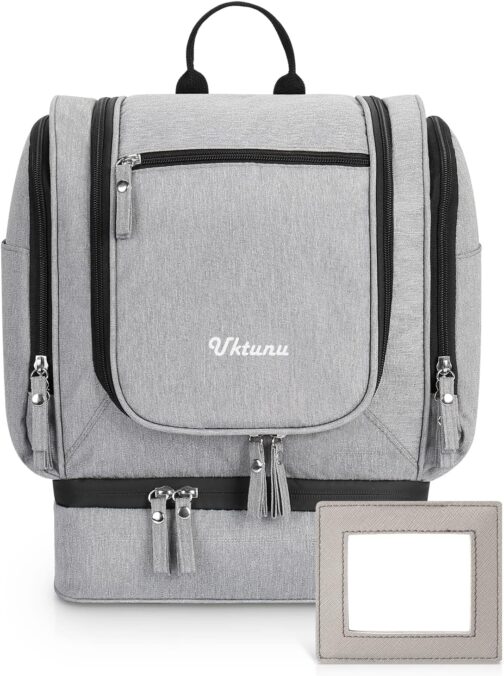 Uktunu Hanging Toiletry Bag with Mirror Toiletry Bag for Hanging Cosmetic Bag Large, gray