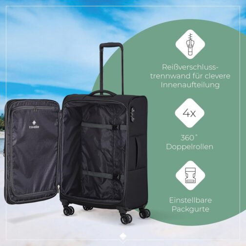 Travelite Chios Trolley Series 4-Wheel Suitcase Set Soft Shell Sizes L/M/S, black, Soft luggage trolley with 4 wheels – Bild 6
