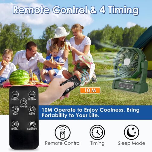 COZII Camping Fan, 20000 mAh Table Fan, USB Fan Battery with Light, 4 Speeds, 4 Timing, Remote Control, Outdoor Fan Quiet with Hanging Hook for Camping, Picnic, Barbecue, Office – Bild 6