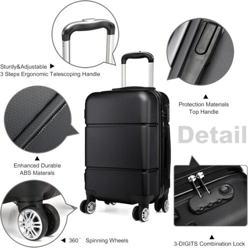 Kono Lightweight ABS Hand Luggage, Hard Shell, Cabin Luggage Suitcase, Travel Suitcase, Luggage, 56 cm, black – Bild 3