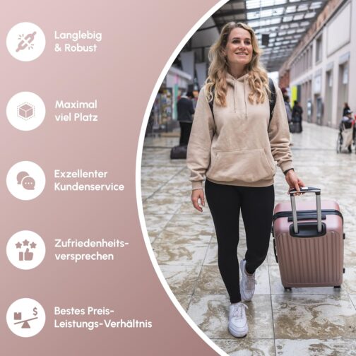 Easy Move ABS Hard Case [Ergonomic & Safe] - Large Trolley Suitcase with 360° Wheels, Number Lock - Travel Suitcase Large, Hard Shell Suitcase, Luggage, Rose Gold, Hard shell with 360° double wheels – Bild 7