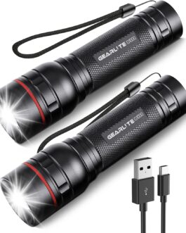 GEARLITE LED Mini Torch Rechargeable, 2000 Lumens LED Torch Extremely Bright with 3 Modes, Zoomable Torch LED with Long Running Time, IP65 Waterproof Flashlight for Camping Outdoor (Pack of 2)