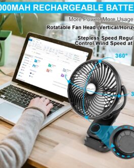 ELZO 20000 mAh USB Clip Fan, Mini Table Fan, LED Light Camping Fan, Rechargeable Automatic Oscillating Desktop Fan, Desk Fan for Home, Office, Pushchair