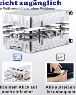 Hard Shell Suitcase Trolley Suitcase Travel Suitcase Hand Luggage Telescopic Handle TSA 4 Wheels, Silver (100% aluminium), Aluminium hard shell trolley with swivel castors