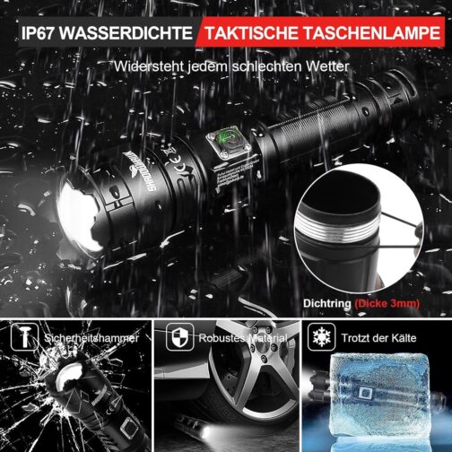Shadowhawk LED Torch Rechargeable, Extremely Bright 500,000 Lumen Torches, Battery Operated USB, XHP70.2 Tactical Torch, IP67 Waterproof, 5 Light Modes, Zoomable for Camping, Hiking, Emergencies – Bild 6