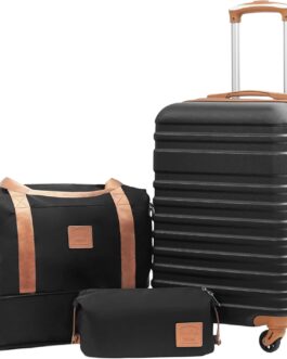 COOLIFE Suitcase Trolley Suitcase, Travel Suitcase from ABS, Hard Shell Trolley 4 Wheels, TSA Lock. The Suitcase Includes 1 Travel Bag and 1 Toiletry Bag, black / brown