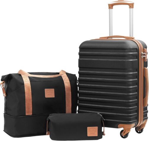 COOLIFE Suitcase Trolley Suitcase, Travel Suitcase from ABS, Hard Shell Trolley 4 Wheels, TSA Lock. The Suitcase Includes 1 Travel Bag and 1 Toiletry Bag, black / brown