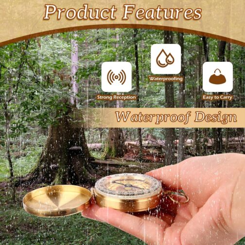 PBUSPU Outdoor Compass Hiking Portable with Luminous Numerals, Waterproof Compass Golden for Camping, Hiking, Hunting and Outdoor Activities – Bild 4