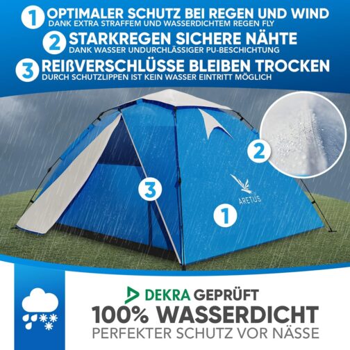Aretus ® Eagle Tent Large Pop Up 2, 3, 4 Person Tent with Awning, Waterproof 2 Compartments Ventilated UV Protection for Camping Festival with 2 in 1 Function – Bild 3