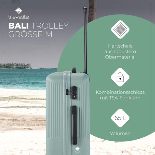 Travelite 4-Wheel Suitcase Set, 3 Pieces, Sizes S/M/L, Luggage Bali Series, ABS Hard Shell Trolleys, mint – Bild 3