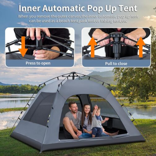 Yafaca Camping Tent, 3 Person Pop Up Tent, Large Waterproof Automatic Pop-Up Tent with 2 Rainproof Windows, 2 Layers Dome Tent with Removable Outer Layer, Tent for Camping Families – Bild 5