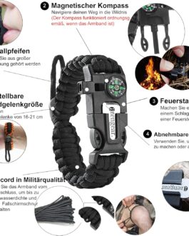 aZengear Paracord Survival Bracelet, Fire Starter Made of Flint and Steel, Whistle and Compass, Adjustable Strap Size for Camping, Bushcraft and Emergency Equipment