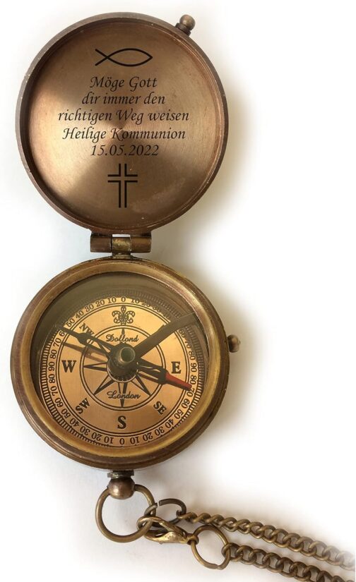 Personalised Compass Brass Vintage Look with Desired Engraving Your Name and Text Various Designs Great Gift Idea Leather Case Wooden Box – Bild 4