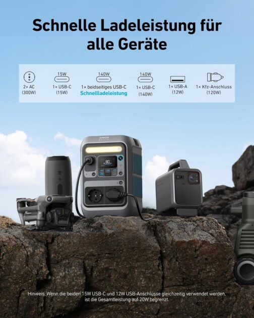 Anker SOLIX C300 Portable Power Station, 288 Wh LiFePO4 Battery, 300 W (Max 600 W) Solar Generator, 140 W Side Quick Charging Power, for Camping, Outdoors, Travel, Emergencies, Travel (Solar Panel – Bild 3