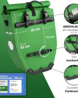 Valkental Large and Waterproof Pannier Rack Bag, 28 L Capacity, Bicycle Bag for Pannier Rack with Reflectors in Green