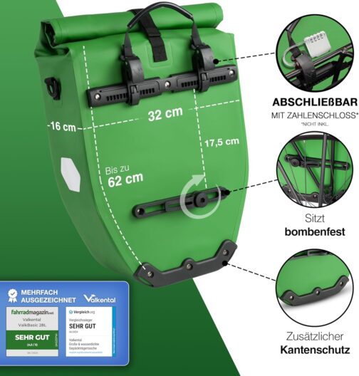 Valkental Large and Waterproof Pannier Rack Bag, 28 L Capacity, Bicycle Bag for Pannier Rack with Reflectors in Green – Bild 2
