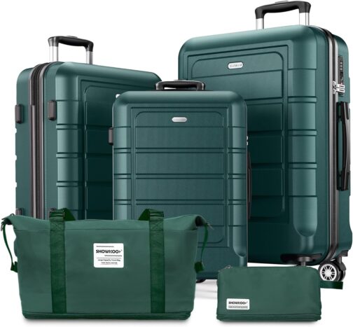 SHOWKOO Suitcase Set Hard Shell Lightweight PC + ABS Expandable Durable Trolley Travel Suitcase Hand Luggage Sets with 4 Wheels and TSA Lock, Army Green, Luggage set 5 pieces