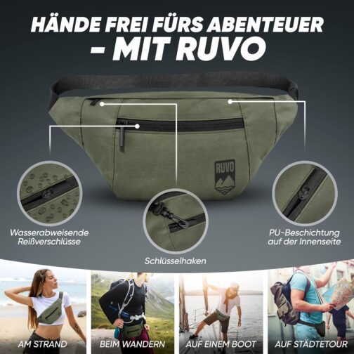 RUVO® Bum Bag for Men and Women | Stylish Belt Bag for Maximum Storage Space | 4 Compartments Each with Zip | Suitable for All Activities, olive, bum bag – Bild 3