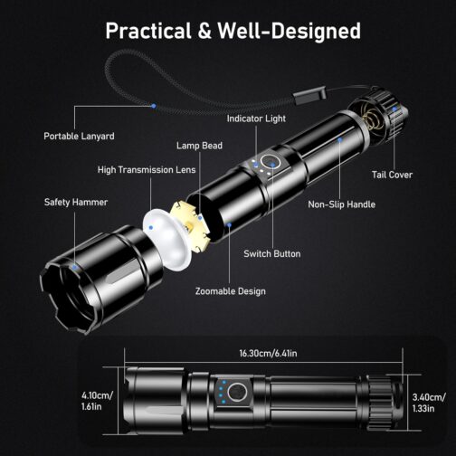 Blukar LED Rechargeable Torch, 500,000 Lumens, Extremely Bright Zoomable Tactical Torches, Strong with 5 Light Modes, IP67 Waterproof Flashlight Torch for Camping, Hiking, Outdoor, Fishing, Emergency – Bild 7