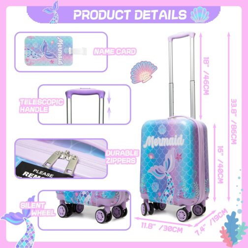 HTgroce 2-Piece Children's Suitcase Set, Children's Travel Suitcase with Backpack, Neck Pillow & Suitcase Tag, Travel Trolley with Wheels for Children, Hard Case for Boys and Girls, mermaid, S – Bild 3