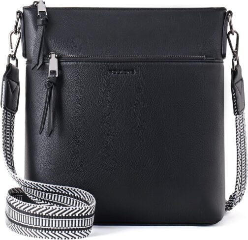 Roulens Medium Women's Shoulder Bags, Lightweight Women's Vegan Leather Shoulder Bag, Crossbody Bags for Women with Adjustable Removable Wide Strap, A-Black, Contemporary