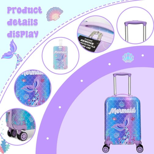 HTgroce 2-Piece Children's Suitcase Set, Children's Travel Suitcase with Backpack, Neck Pillow & Suitcase Tag, Travel Trolley with Wheels for Children, Hard Case for Boys and Girls, mermaid, S – Bild 5