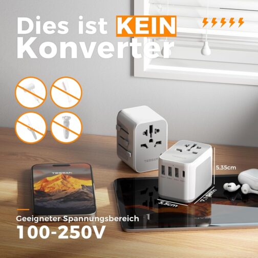 TESSAN Travel Adapter Worldwide, Universal Travel Plug with 3 USB A and 1 USB C, International Socket Adapter, Universal Adapter for England, USA, Japan, Thailand, Australia, Travel Adapter – Bild 6