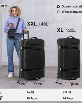 Large Travel Bag with 2 Wheels Kane Rolling Suitcase 80 cm Suitcase Sports Bag Travel Trolley Recycled Sea Plastic, Xxl-140 litres, L, travel bag
