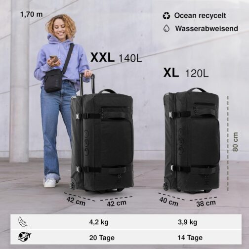 Large Travel Bag with 2 Wheels Kane Rolling Suitcase 80 cm Suitcase Sports Bag Travel Trolley Recycled Sea Plastic, Xxl-140 litres, L, travel bag – Bild 2