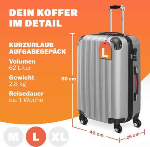 Monzana® 3-Piece Suitcase Set Baseline Hard Shell Suitcase M-L-XL Gel Handles 4 Wheels Edge Protection Lock Feet ABS Trolley Trolley Travel Suitcase Set, silver, Suitcase – Bild 2