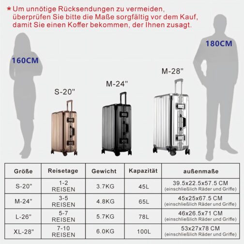 Aluminium Travel Suitcase, Hard Shell Suitcase with TSA Lock, 4 Wheels Spinner, Telescopic Handle, Cabin Size, silver, S, simple – Bild 5