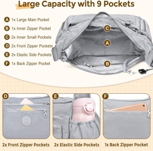 WACCET Women's Large Shoulder Bag, Waterproof Nylon Crossbody Bag with Adjustable Wide Shoulder Strap, Women's Handbag with Many Compartments, Lightweight Shoulder Bag for Travel, Work – Bild 4