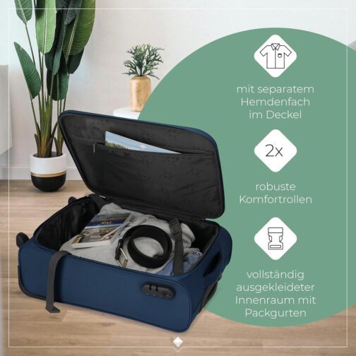 travelite 2-wheel hand luggage suitcase with lock meets IATA cabin luggage dimensions, luggage series cabin: Compact Soft Luggage Trolley, 090237, 52 cm 39 Litres, Navy (Blue), 52 cm – Bild 6