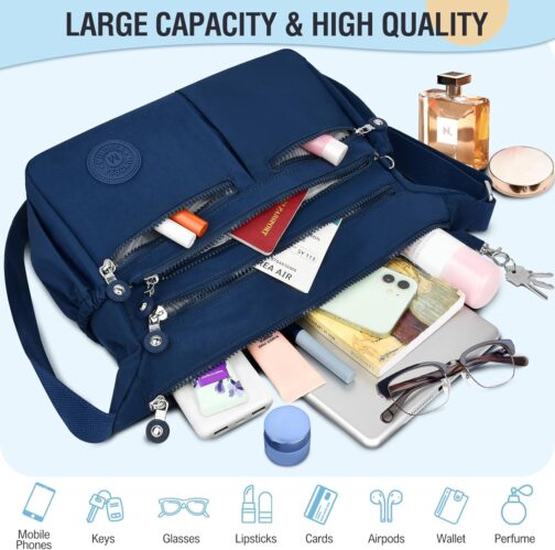 TEUEN Crossbody Bag Women's Large Capacity Waterproof Nylon Shoulder Bag Women's Medium Casual Handbag & Lightweight Shoulder Bag Large Messenger Bag with Many Compartments, blue, M, Minimal – Bild 3