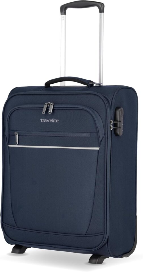 travelite 2-wheel hand luggage suitcase with lock meets IATA cabin luggage dimensions, luggage series cabin: Compact Soft Luggage Trolley, 090237, 52 cm 39 Litres, Navy (Blue), 52 cm