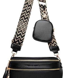 KUNKUN Bum Bag Women’s Stylish Crossbody Bag Women’s Wide Strap 5 cm Vegan Leather Shoulder Bag Chest Bag Black with Coin Purse, black, bum bag