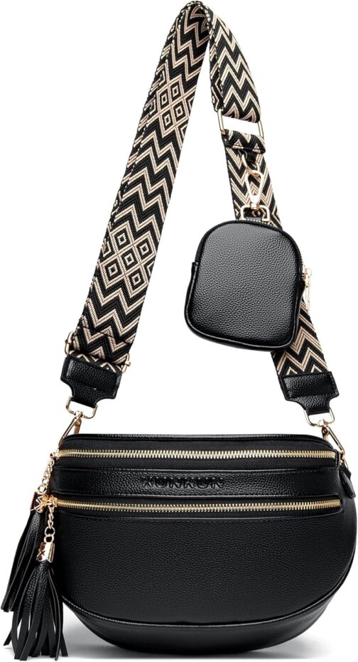 KUNKUN Bum Bag Women's Stylish Crossbody Bag Women's Wide Strap 5 cm Vegan Leather Shoulder Bag Chest Bag Black with Coin Purse, black, bum bag