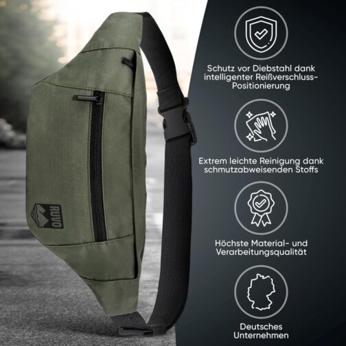 RUVO® Bum Bag for Men and Women | Stylish Belt Bag for Maximum Storage Space | 4 Compartments Each with Zip | Suitable for All Activities, olive, bum bag – Bild 5