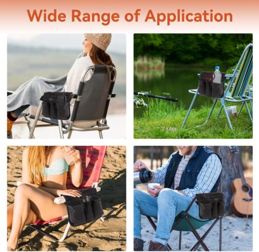 Chair Armrest Bag for Outdoor Camping, Armrest Organiser Chair Side Organiser Hanging Storage Bag Multifunctional Storage Bag Chair Side Bag for Camping Beach (Black) – Bild 3