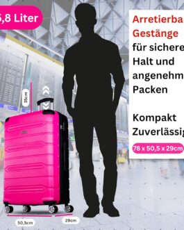 NOWI Medium Hard Shell Suitcase – 62.7L Volume – 8 Wheels 360° Rotatable – Lightweight ABS Suitcase with Combination Lock & Telescopic Rods – Travel Suitcase, Hand Luggage Suitcase, Trolley, Pink, XL