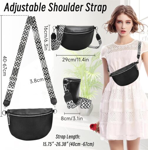 VidFair Shoulder Bag Women's Large Bum Bag Stylish Elegant Modern Leather Water-Repellent Crossbody Bag Wide Strap Bum Bag Bags with Removable Shoulder Strap Festival Travel Everyday Black, black – Bild 4